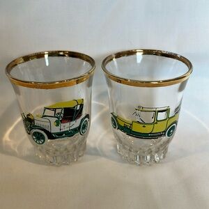 Pair of vintage shot glasses, old automobile theme, Rolls Royce, Morris
